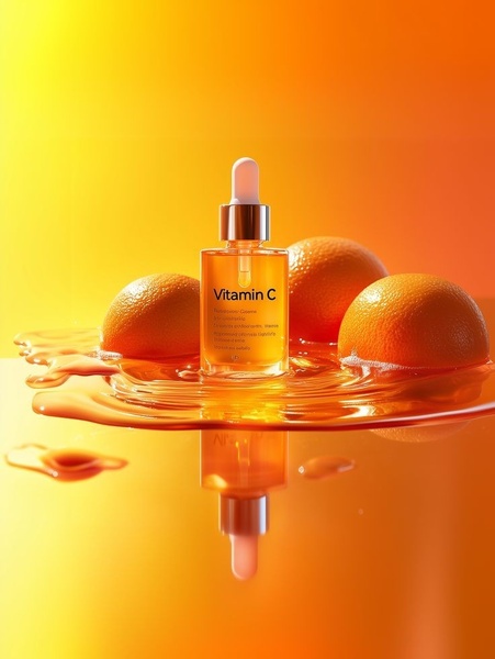 A high-quality product hero shot featuring a serum bottle surrounded by fresh citrus, emphasizing natural potency and ingredients.